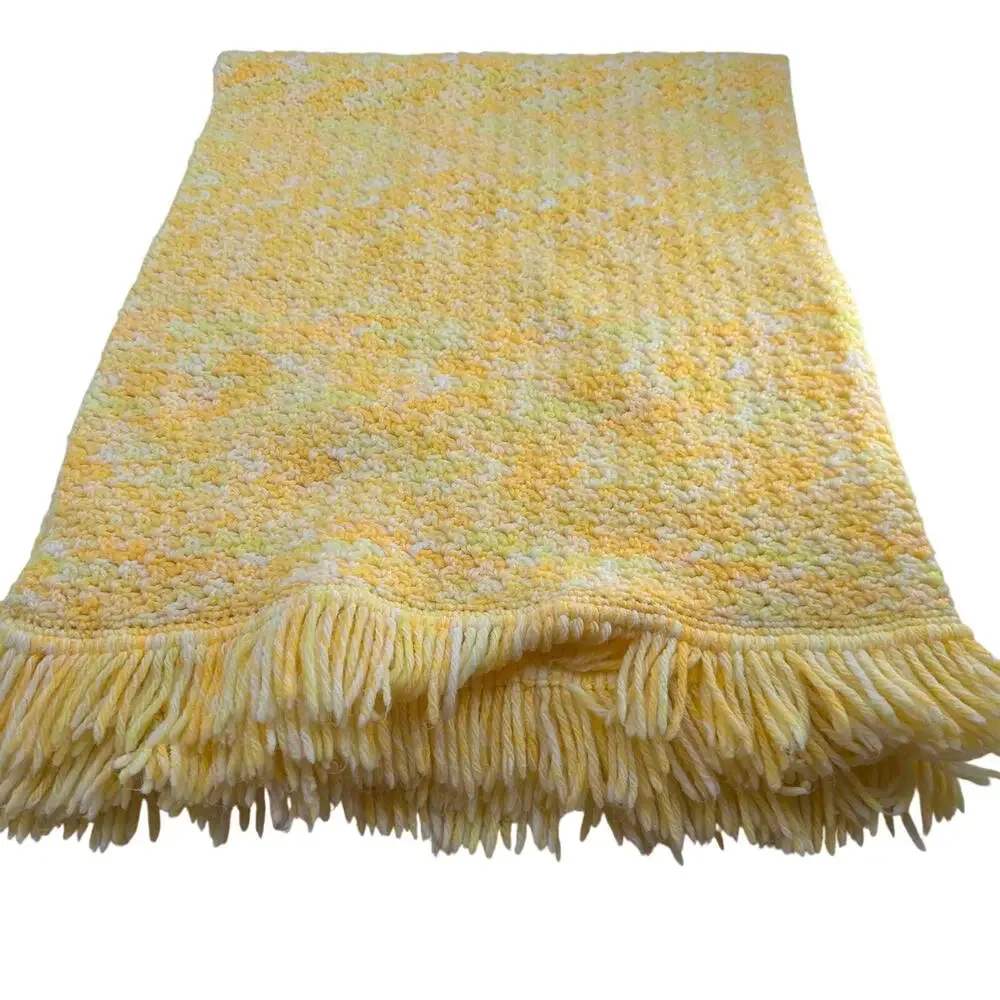 Vintage Crochet Throw Blanket Fringe Cottagecore Yellow Orange White Handmade